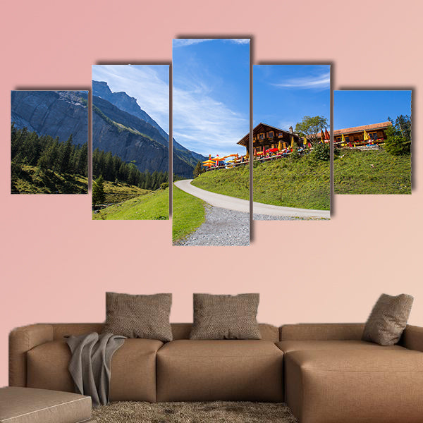 The panorama in summer view over the Oeschinensee multi panel canvas wall art