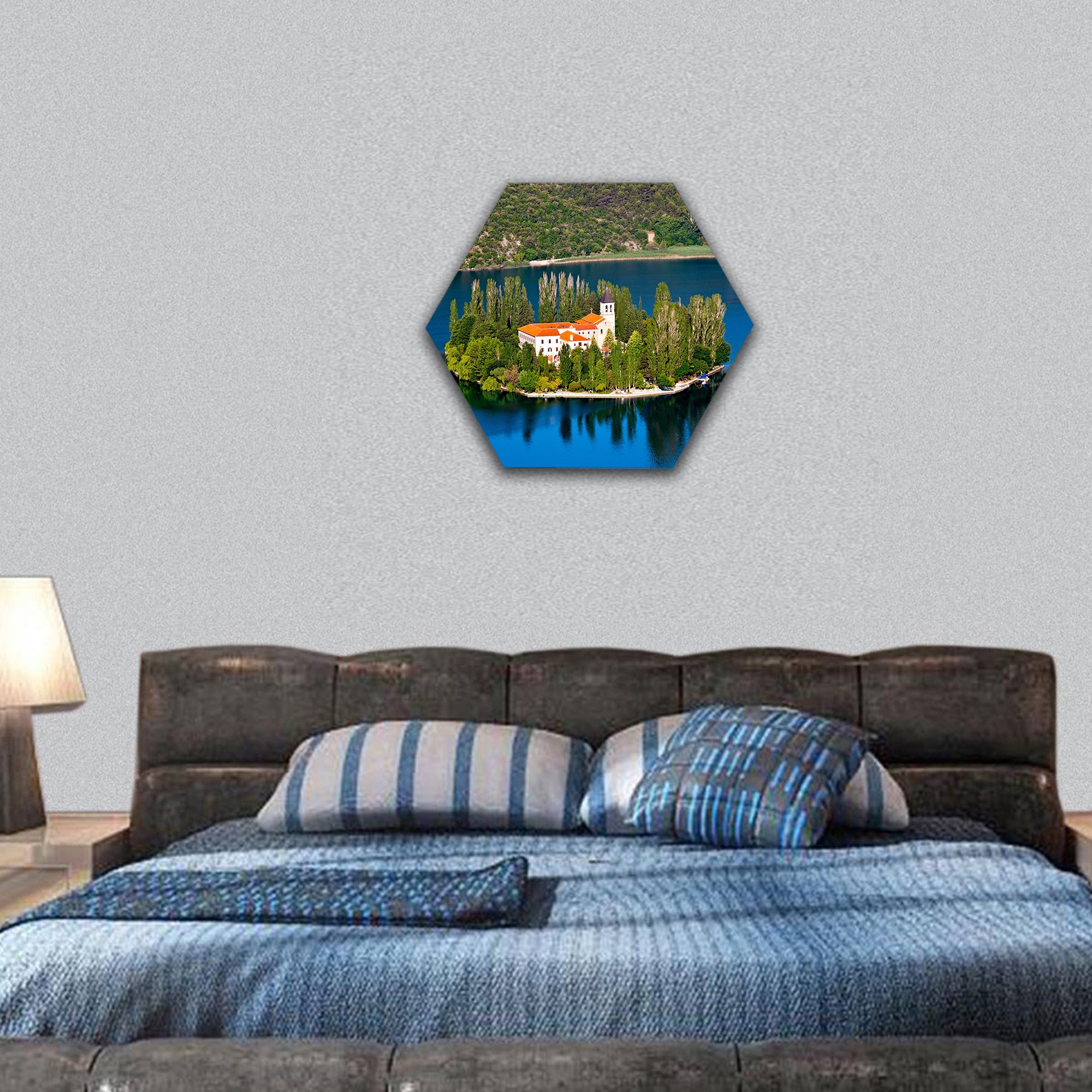 island with a Christian monastery on river Krka Europe hexagonal canvas wall art