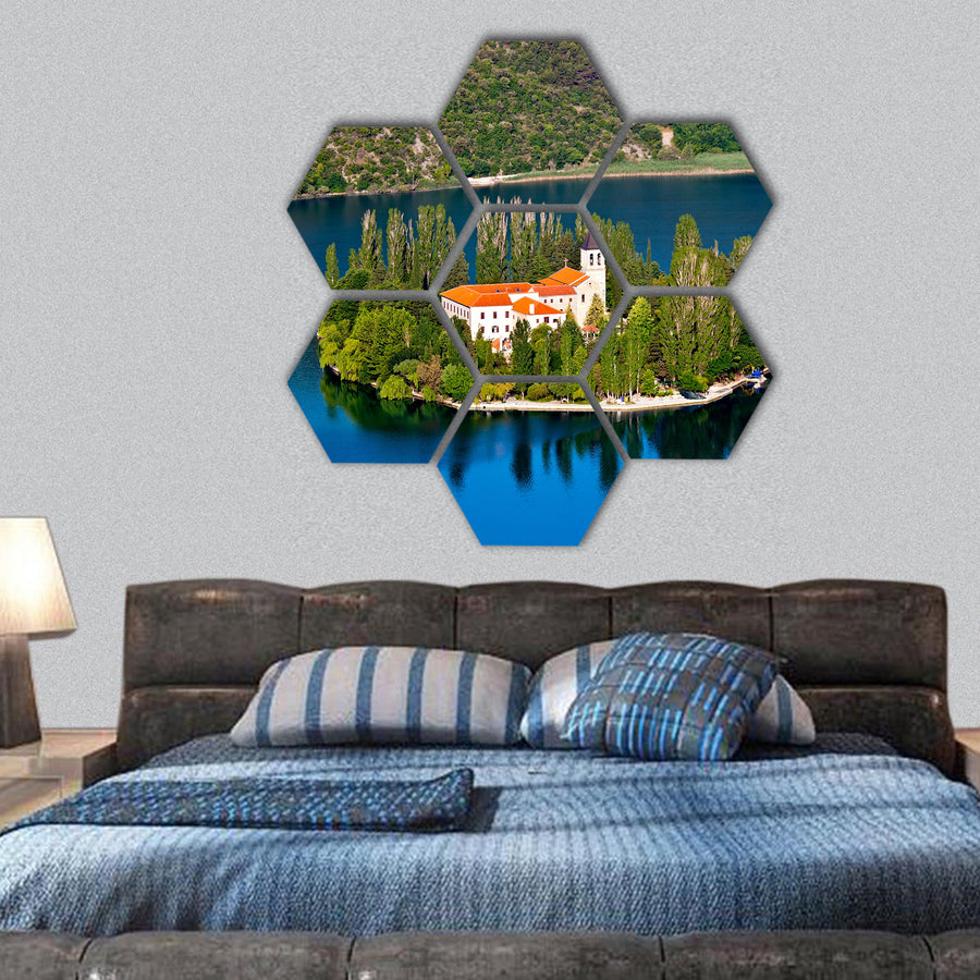 island with a Christian monastery on river Krka Europe hexagonal canvas wall art