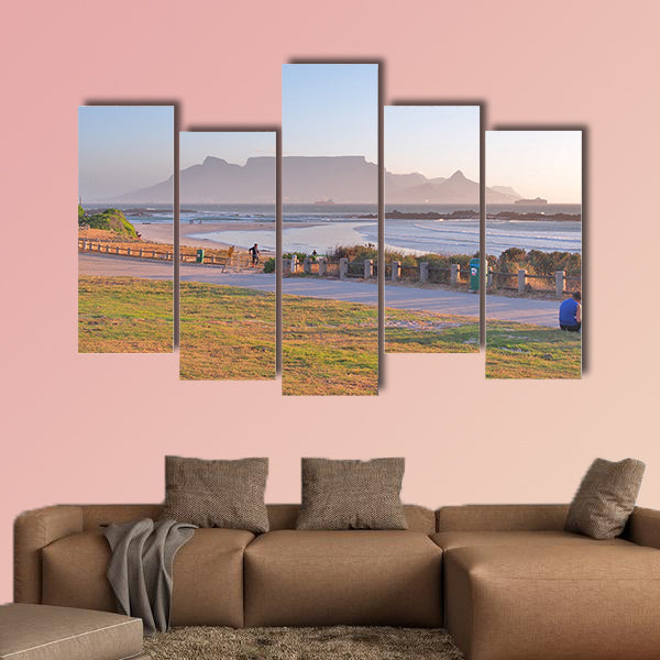 View of Table Mountain and Cape Town seen from Big Bay Beach multi panel canvas wall art