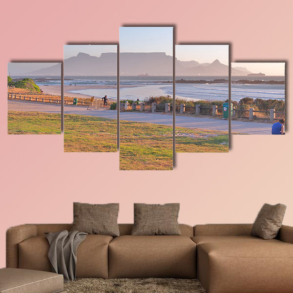 View of Table Mountain and Cape Town seen from Big Bay Beach multi panel canvas wall art