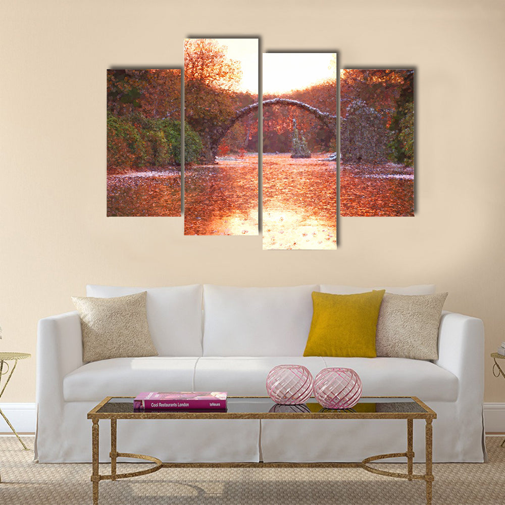 Watercolor paint effect in Rakotz bridge in Kromlau (Devil's bridge) multi panel canvas wall art