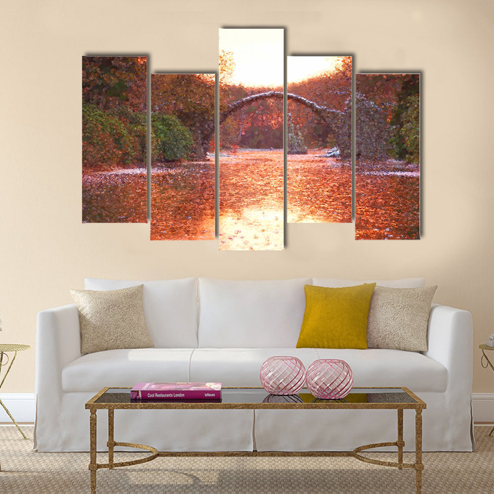 Watercolor paint effect in Rakotz bridge in Kromlau (Devil's bridge) multi panel canvas wall art