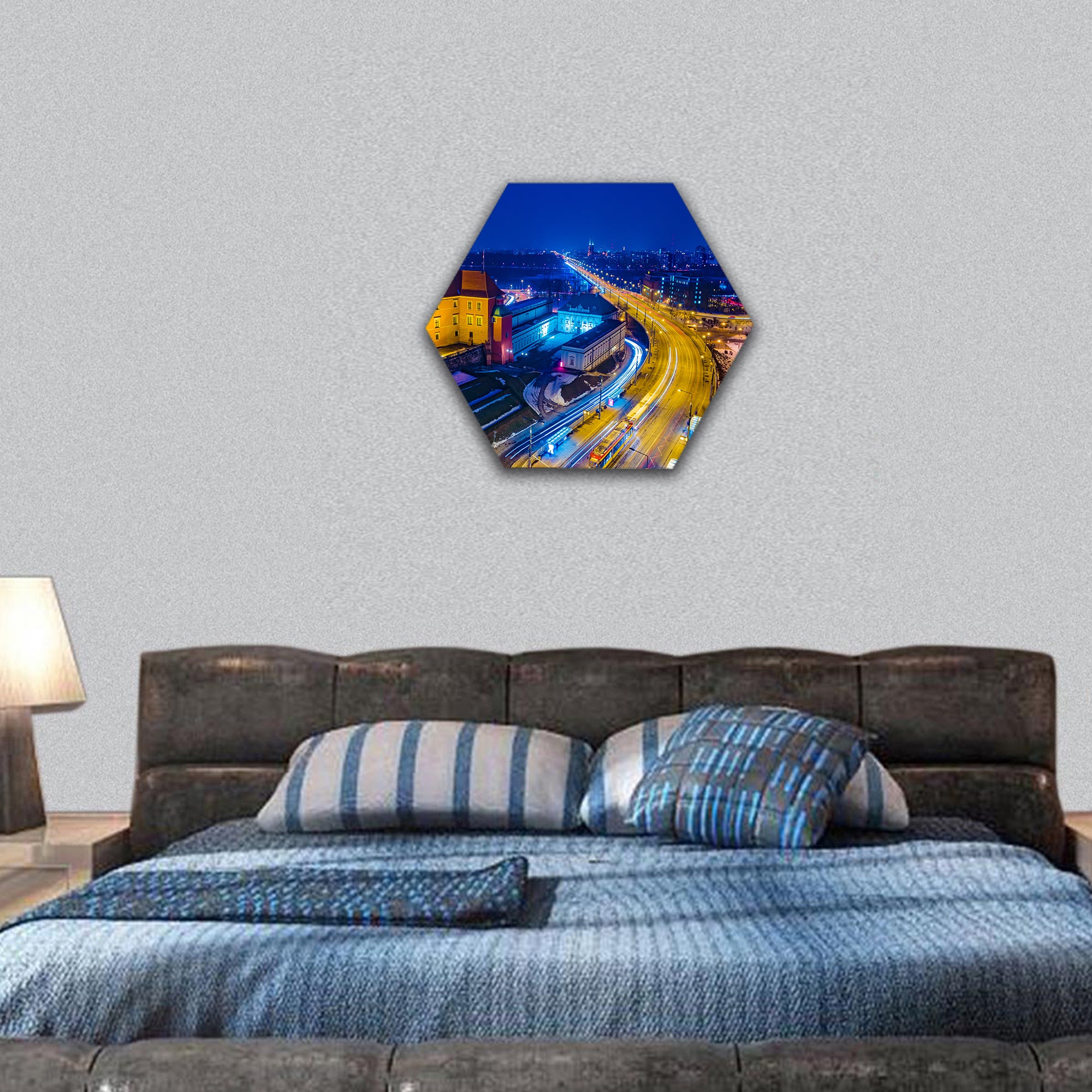 Night Panorama of Royal Castle and Old Town in Warsaw hexagonal canvas wall art