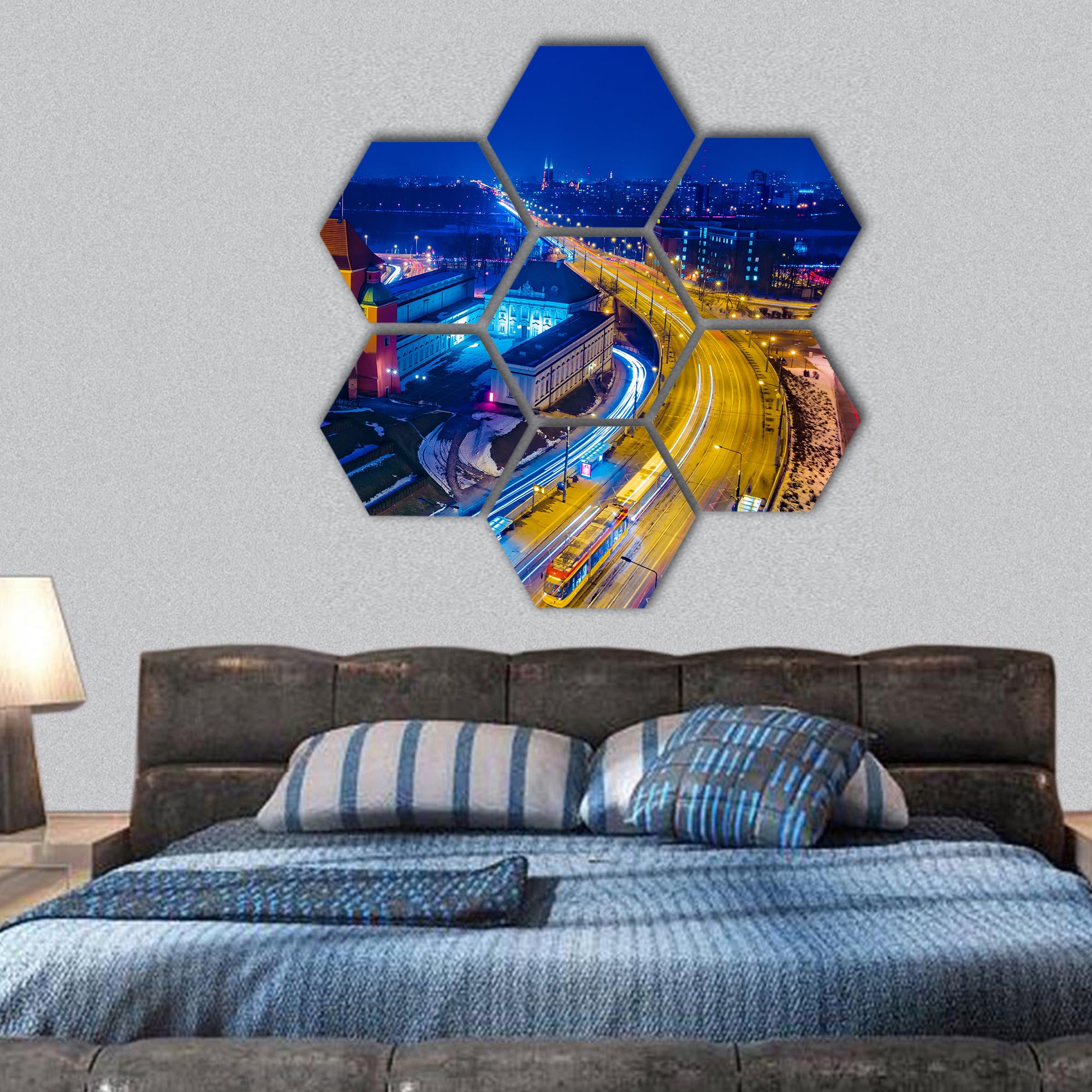 Night Panorama of Royal Castle and Old Town in Warsaw hexagonal canvas wall art