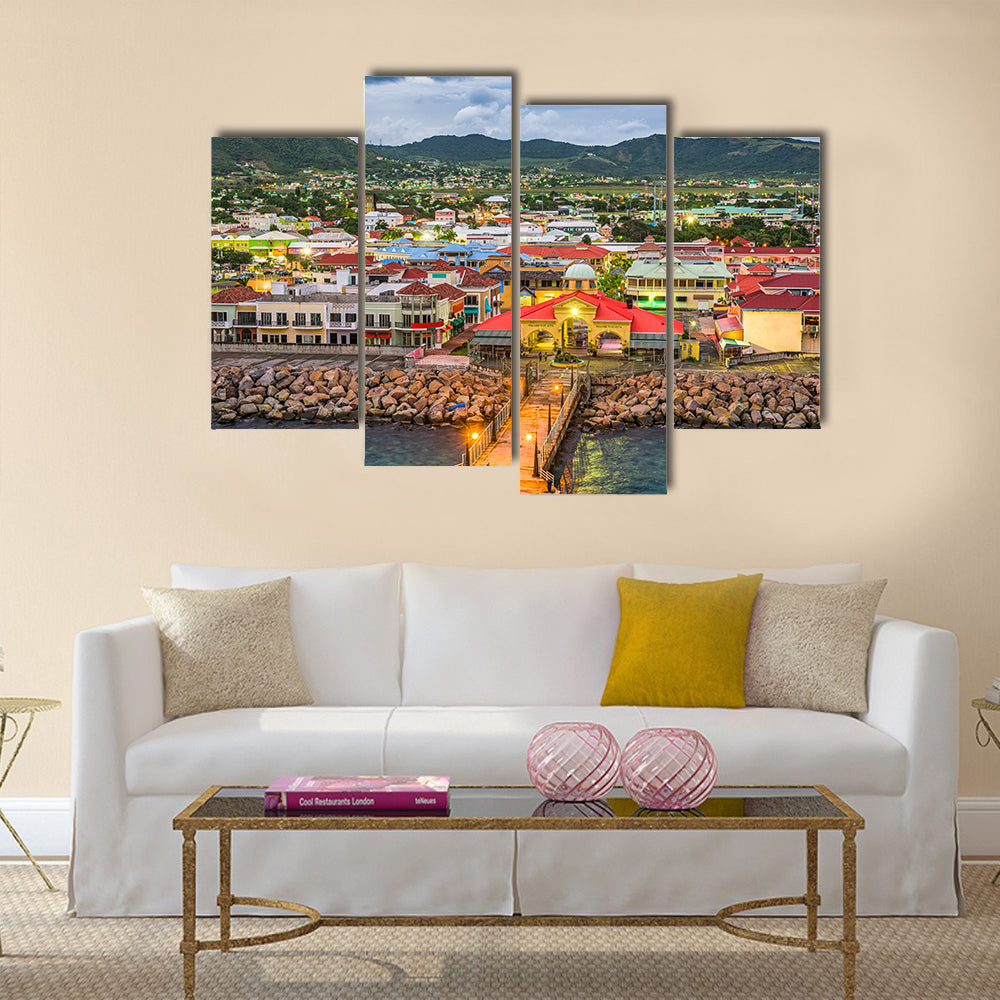 St. Kitts and Nevis town skyline at the port Multi panel canvas wall art