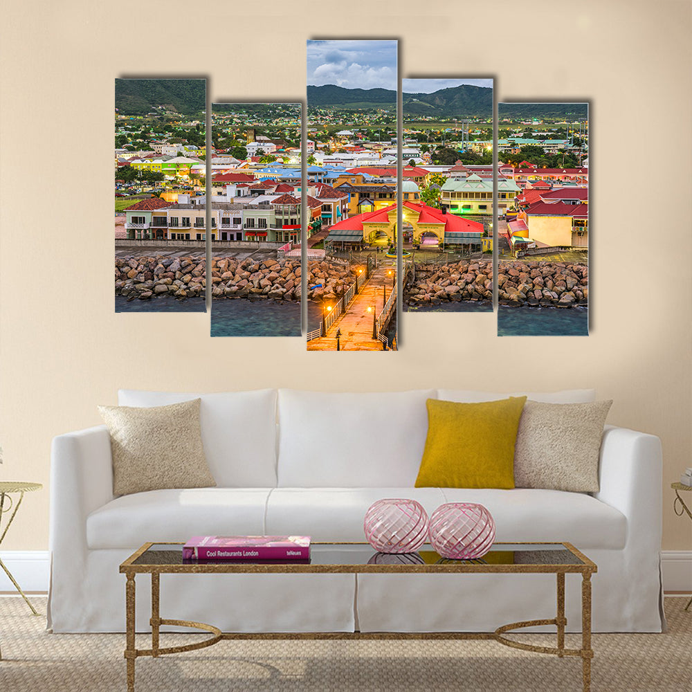 St. Kitts and Nevis town skyline at the port Multi panel canvas wall art