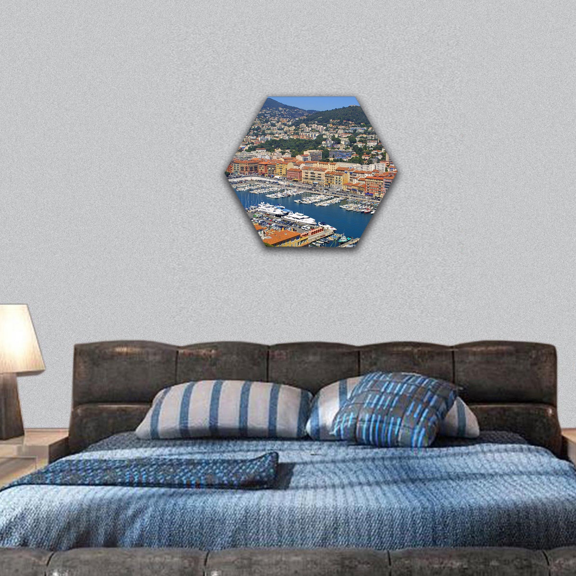 Bird view panorama of Port of City of Nice, France hexagonal canvas wall art