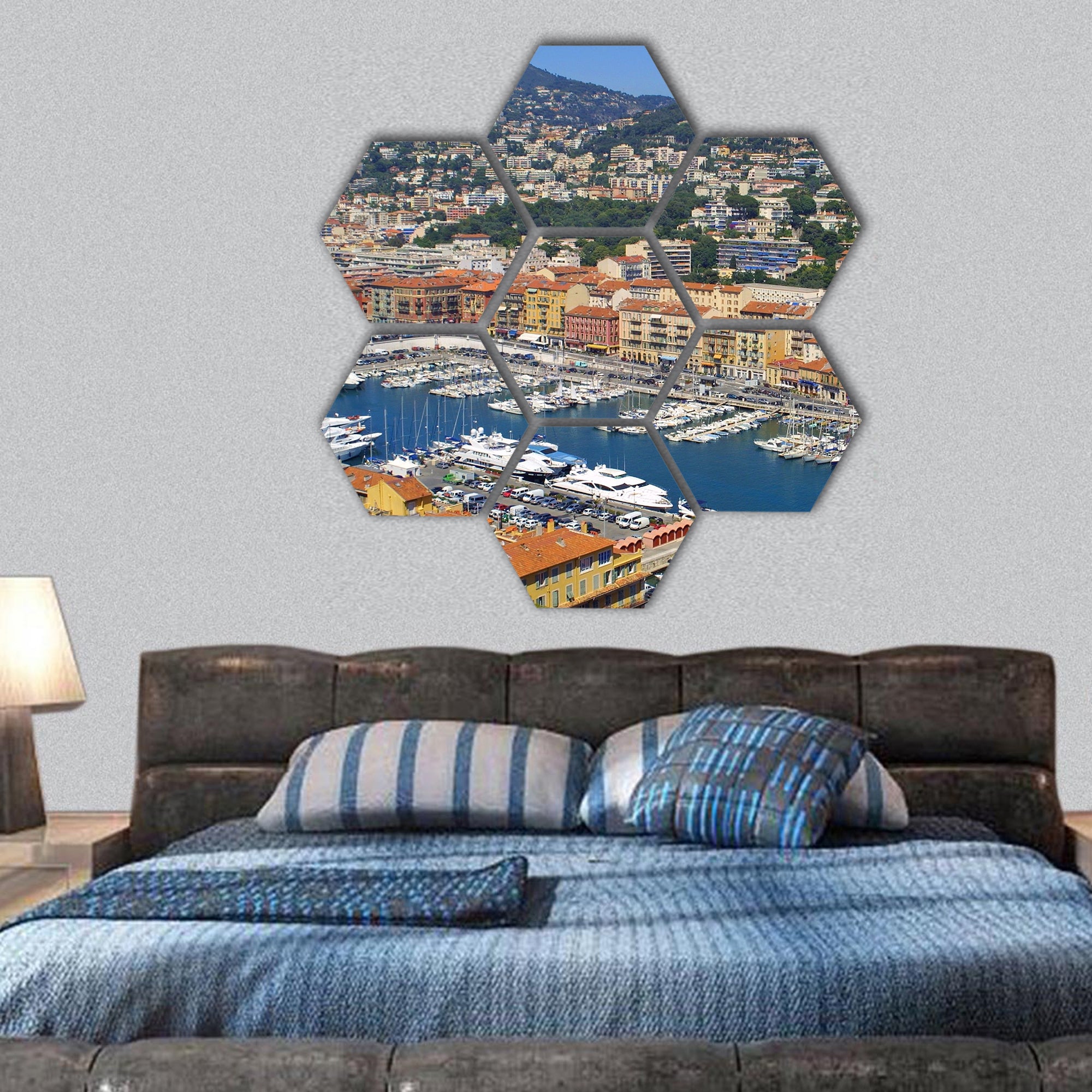 Bird view panorama of Port of City of Nice, France hexagonal canvas wall art