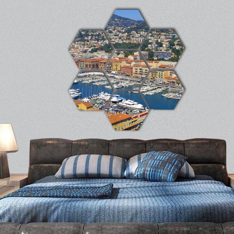 Bird view panorama of Port of City of Nice, France hexagonal canvas wall art