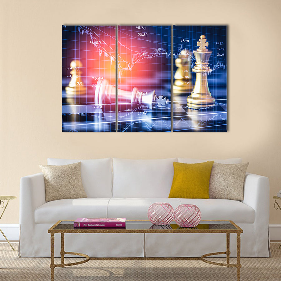 Business game on digital stock market financial and chess background multi panel canvas wall art