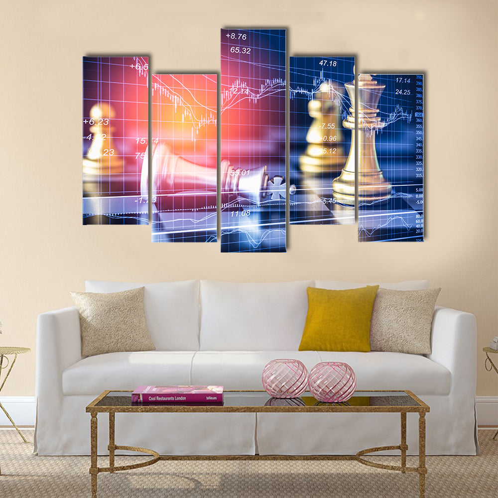 Business game on digital stock market financial and chess background multi panel canvas wall art