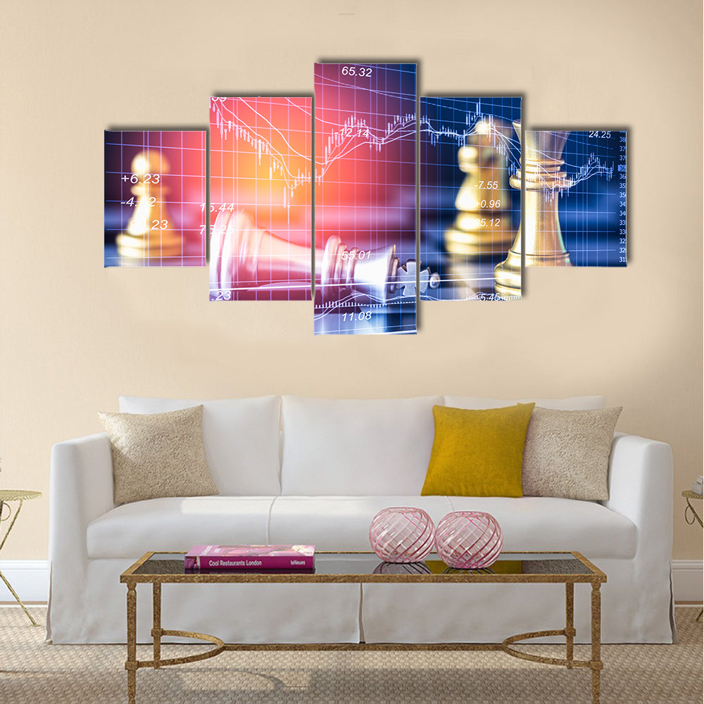 Business game on digital stock market financial and chess background multi panel canvas wall art
