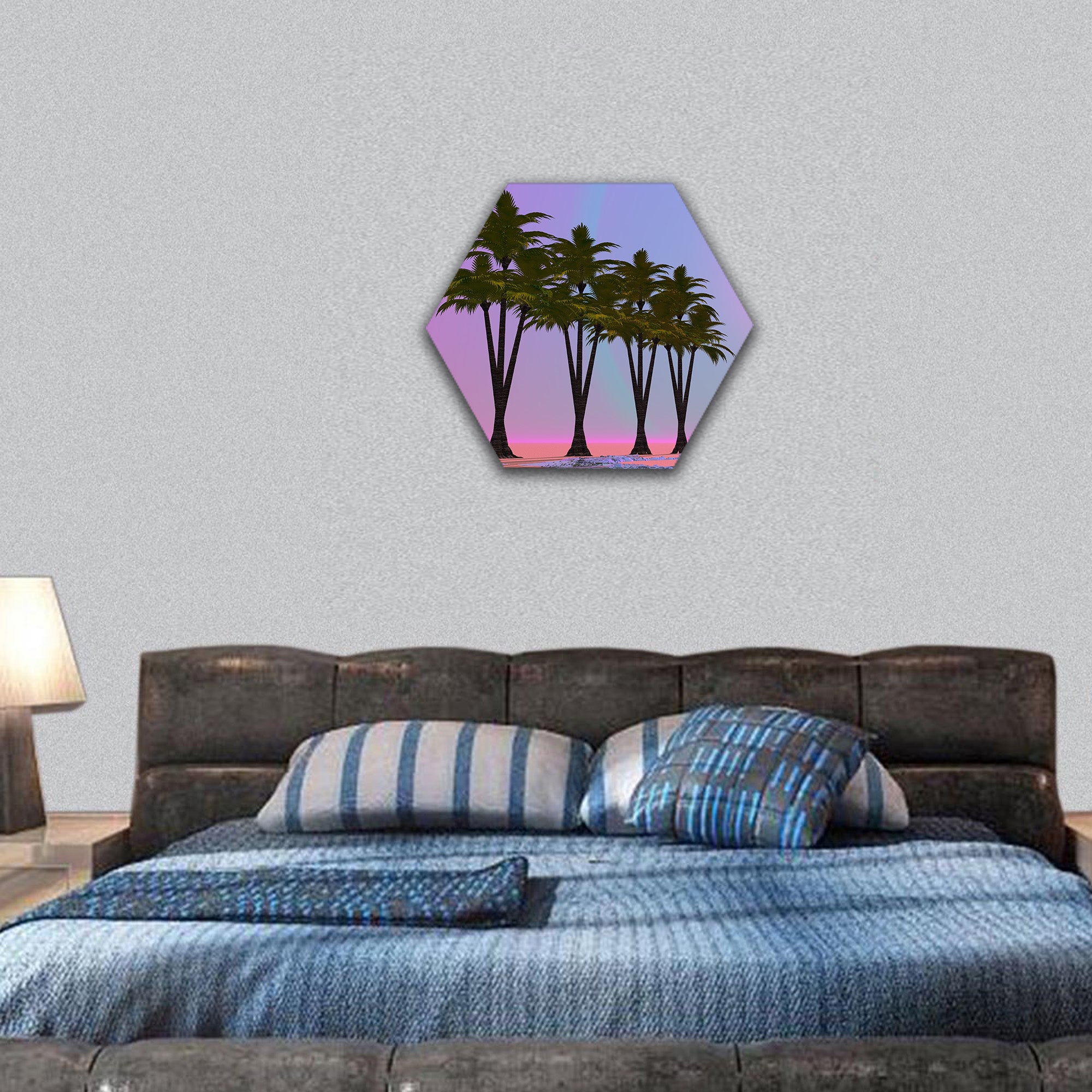 palm trees aligned in a desert with little water hexagonal canvas wall art