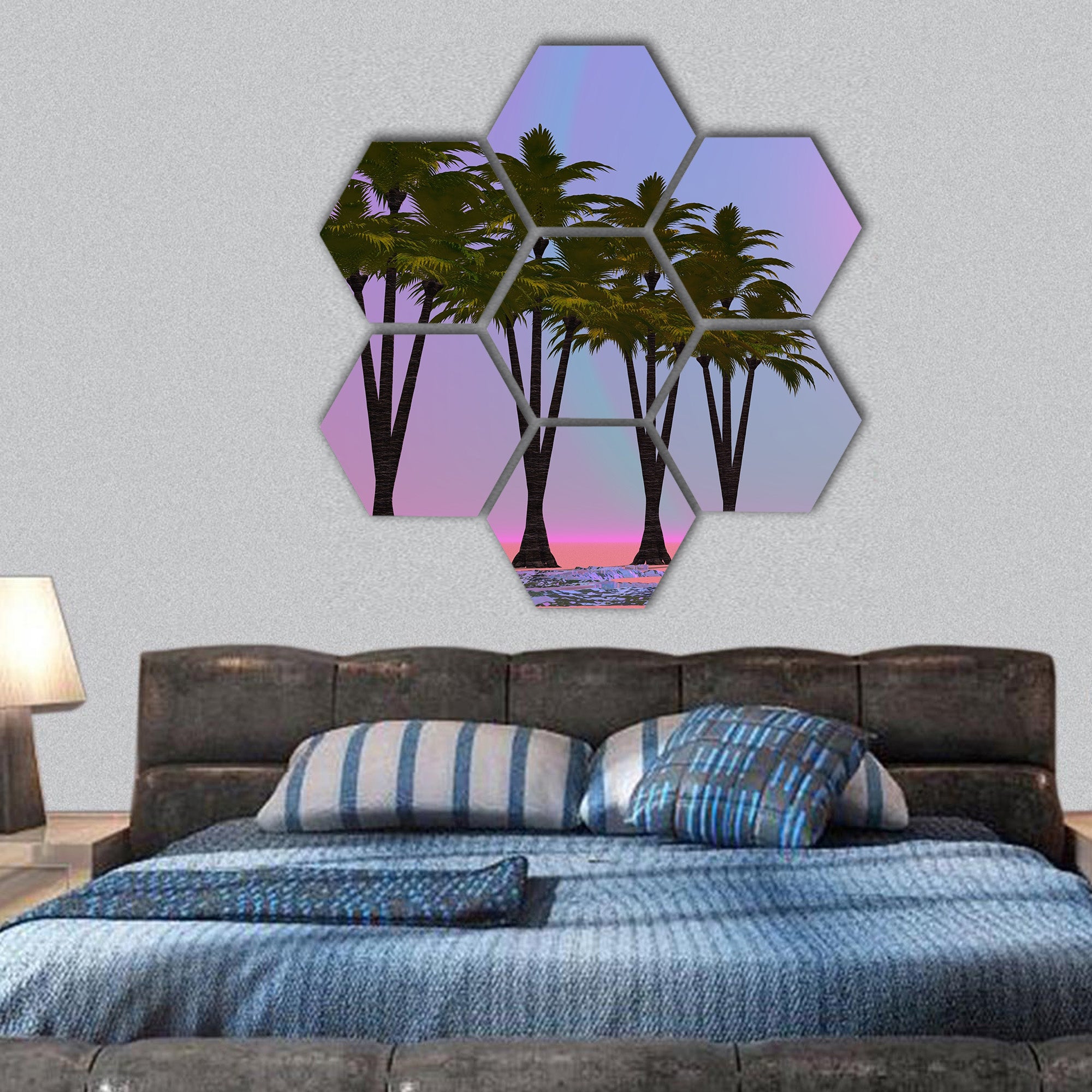 palm trees aligned in a desert with little water hexagonal canvas wall art