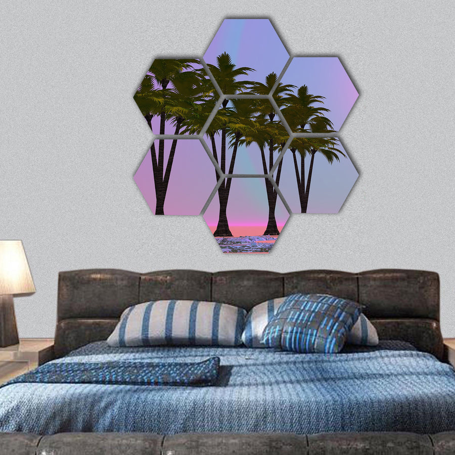 palm trees aligned in a desert with little water hexagonal canvas wall art