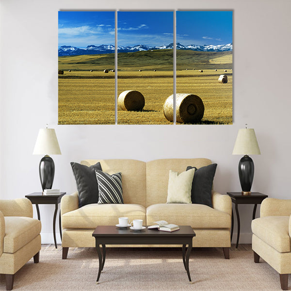 Hay bales on a field, with snow-covered mountains Multi panel canvas wall art