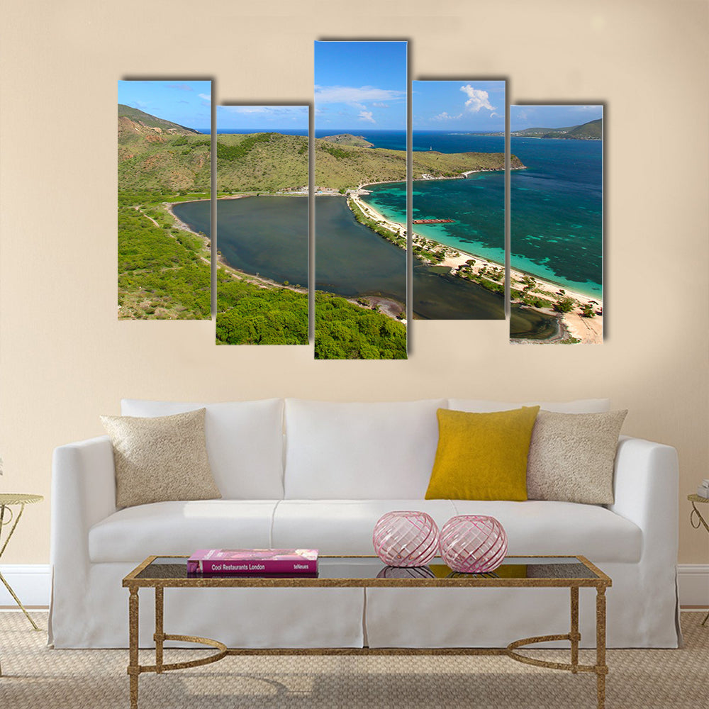 Panoramic view of Majors Bay Beach on St Kitts Multi panel canvas wall art