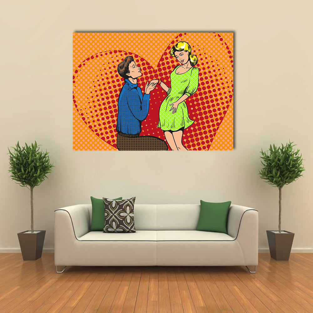 Vector pop art illustration of man proposing marriage to girlfriend Multi Panel Canvas Wall Art