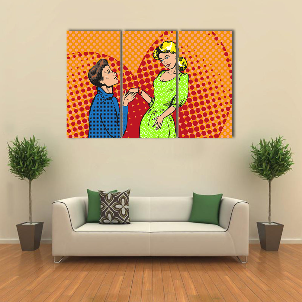 Vector pop art illustration of man proposing marriage to girlfriend Multi Panel Canvas Wall Art