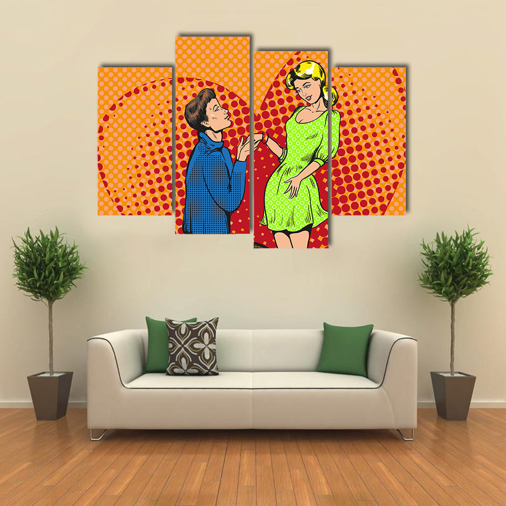 Vector pop art illustration of man proposing marriage to girlfriend Multi Panel Canvas Wall Art