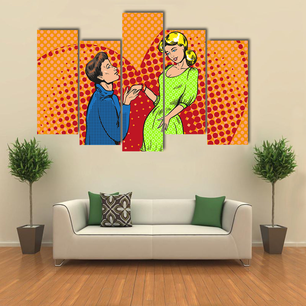 Vector pop art illustration of man proposing marriage to girlfriend Multi Panel Canvas Wall Art