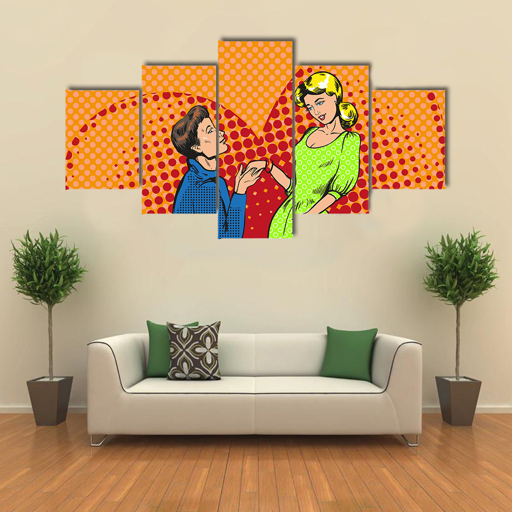 Vector pop art illustration of man proposing marriage to girlfriend Multi Panel Canvas Wall Art