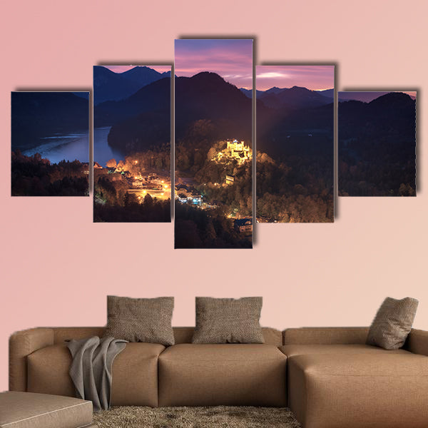 View of Hohenschwangau Castle and Lake Alpsee multi panel canvas wall art