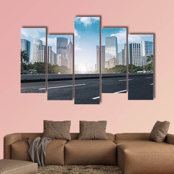 Road surface and Guangzhou skyline multi panel canvas wall art
