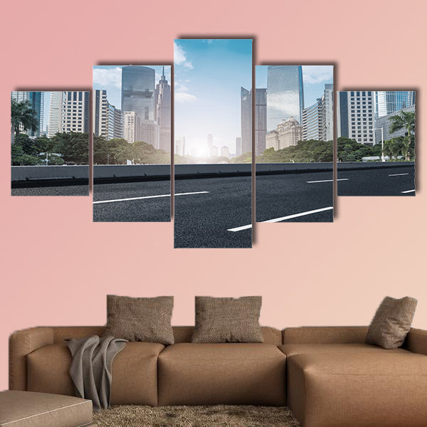 Road surface and Guangzhou skyline multi panel canvas wall art