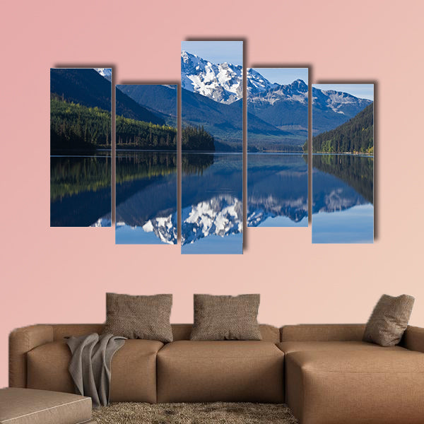 Mountain Range in British Columbia reflecting on a lake Multi panel canvas wall art