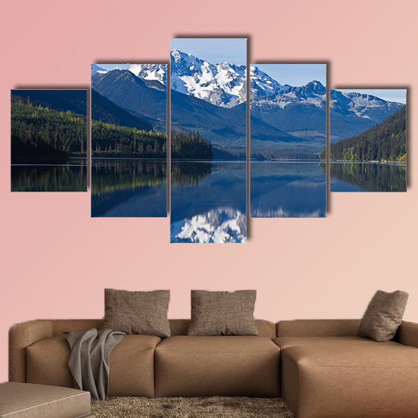 Mountain Range in British Columbia reflecting on a lake Multi panel canvas wall art