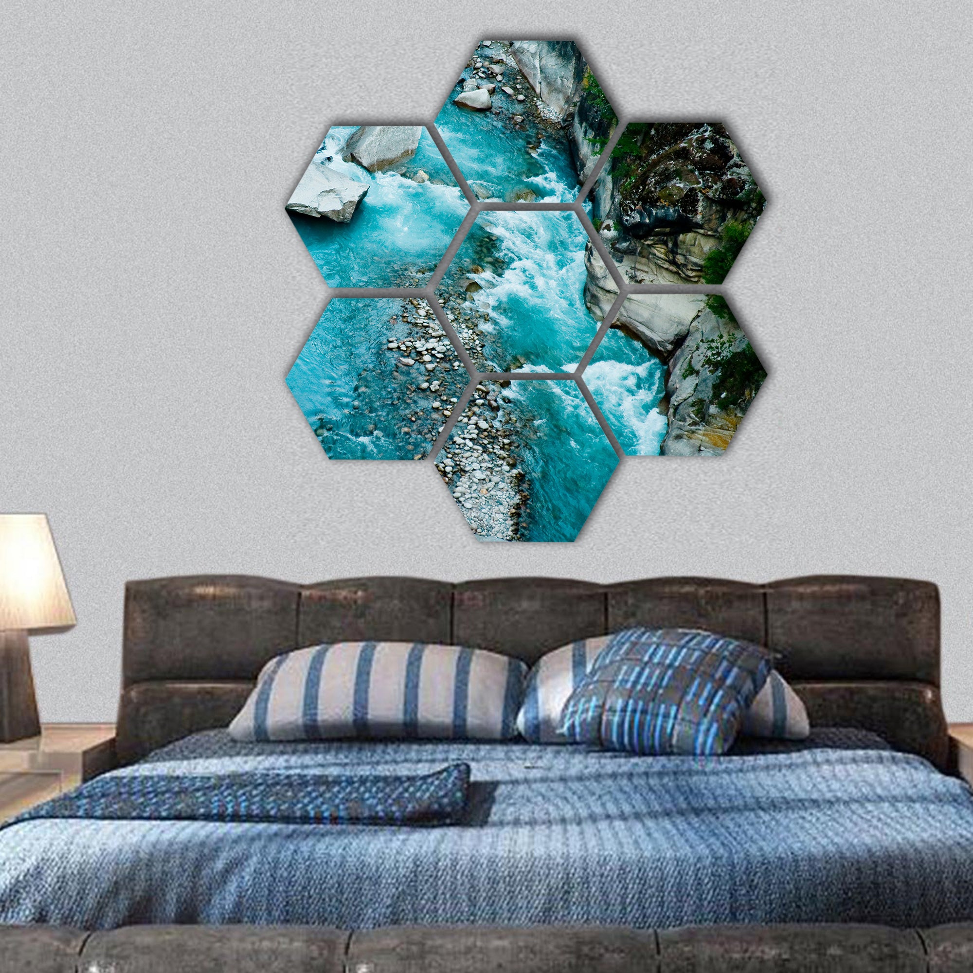 River Ganga in valley Himalayas mountains hexagonal canvas wall art