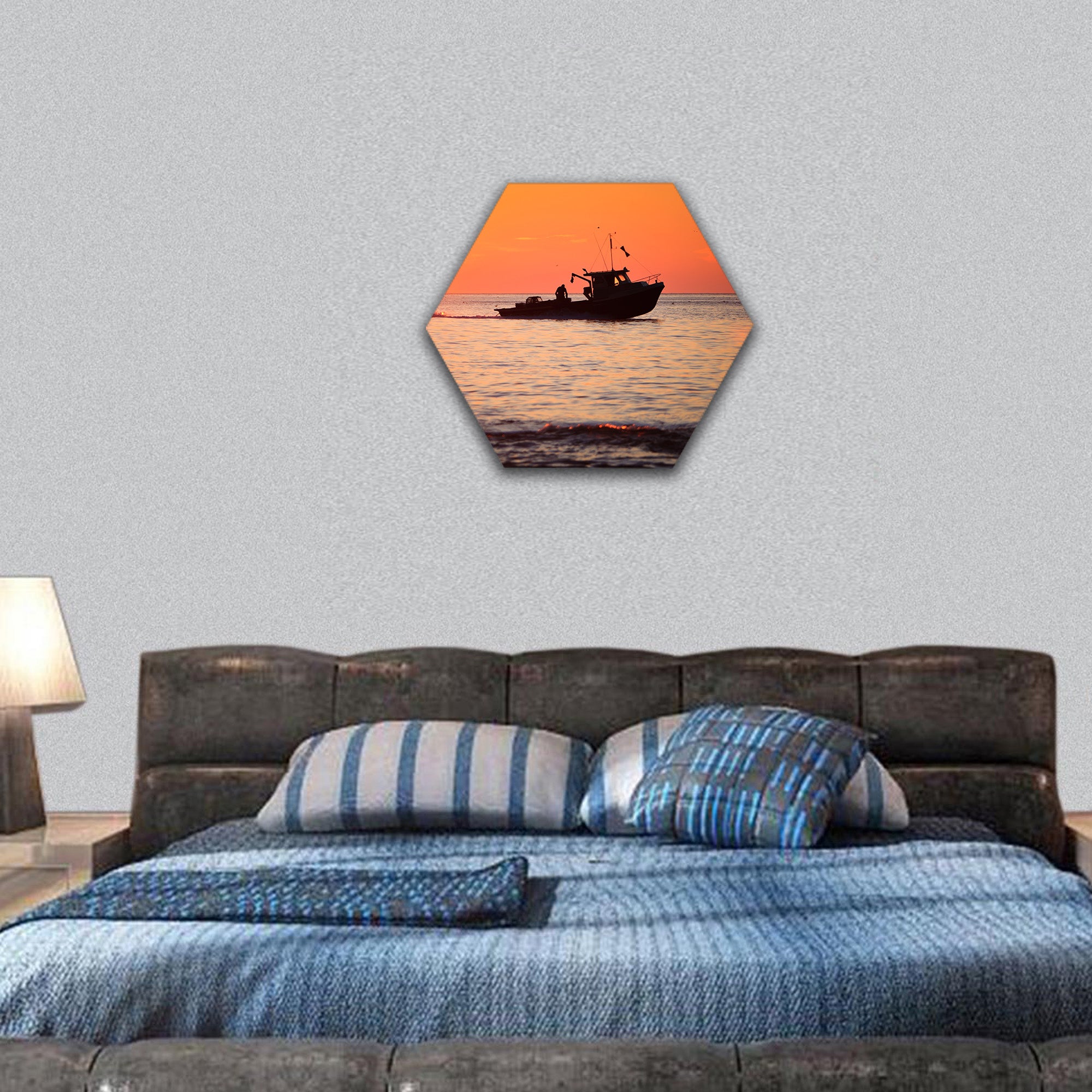 lobster fishing boat is going to fetch his trap hexagonal canvas wall art