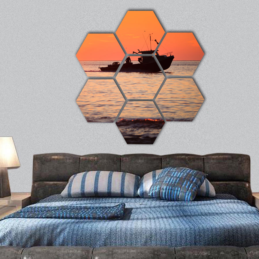 lobster fishing boat is going to fetch his trap hexagonal canvas wall art