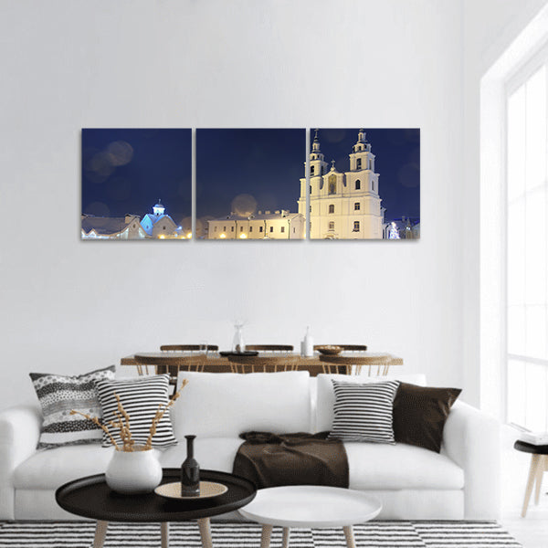 Landscape Church on Christmas night with lamps panoramic canvas wall art