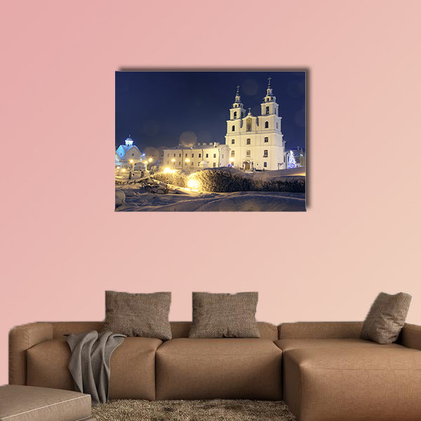 Landscape Church on Christmas night with lamps and sparkling wall art