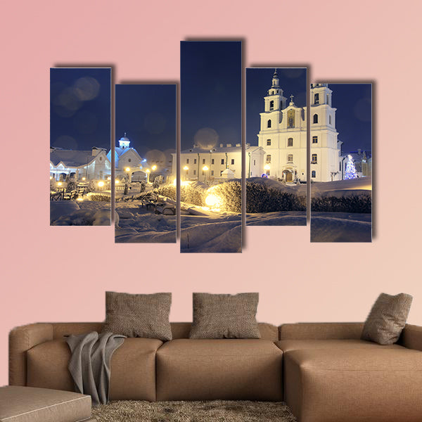 Landscape Church on Christmas night with lamps and sparkling wall art