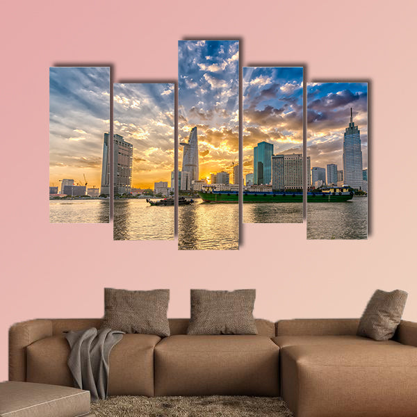 Riverside City sunset clouds in the sky in Ho Chi Minh City multi panel canvas wall art