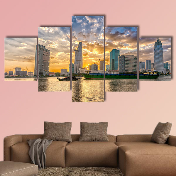 Riverside City sunset clouds in the sky in Ho Chi Minh City multi panel canvas wall art