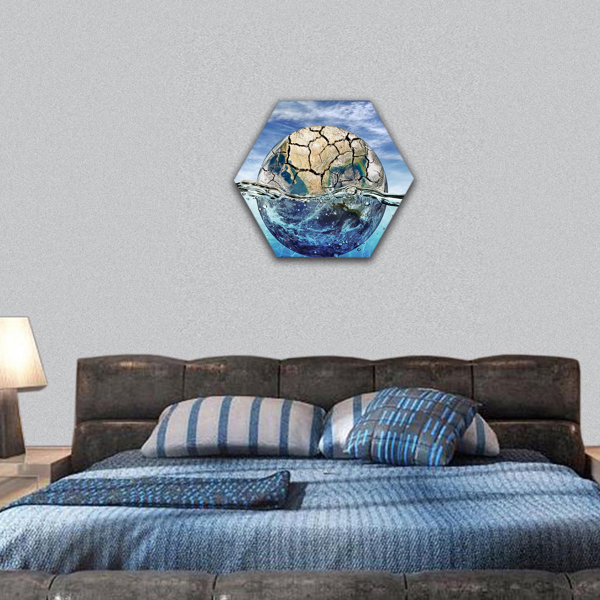 Dried up planet immersed in the waters hexagonal canvas wall art