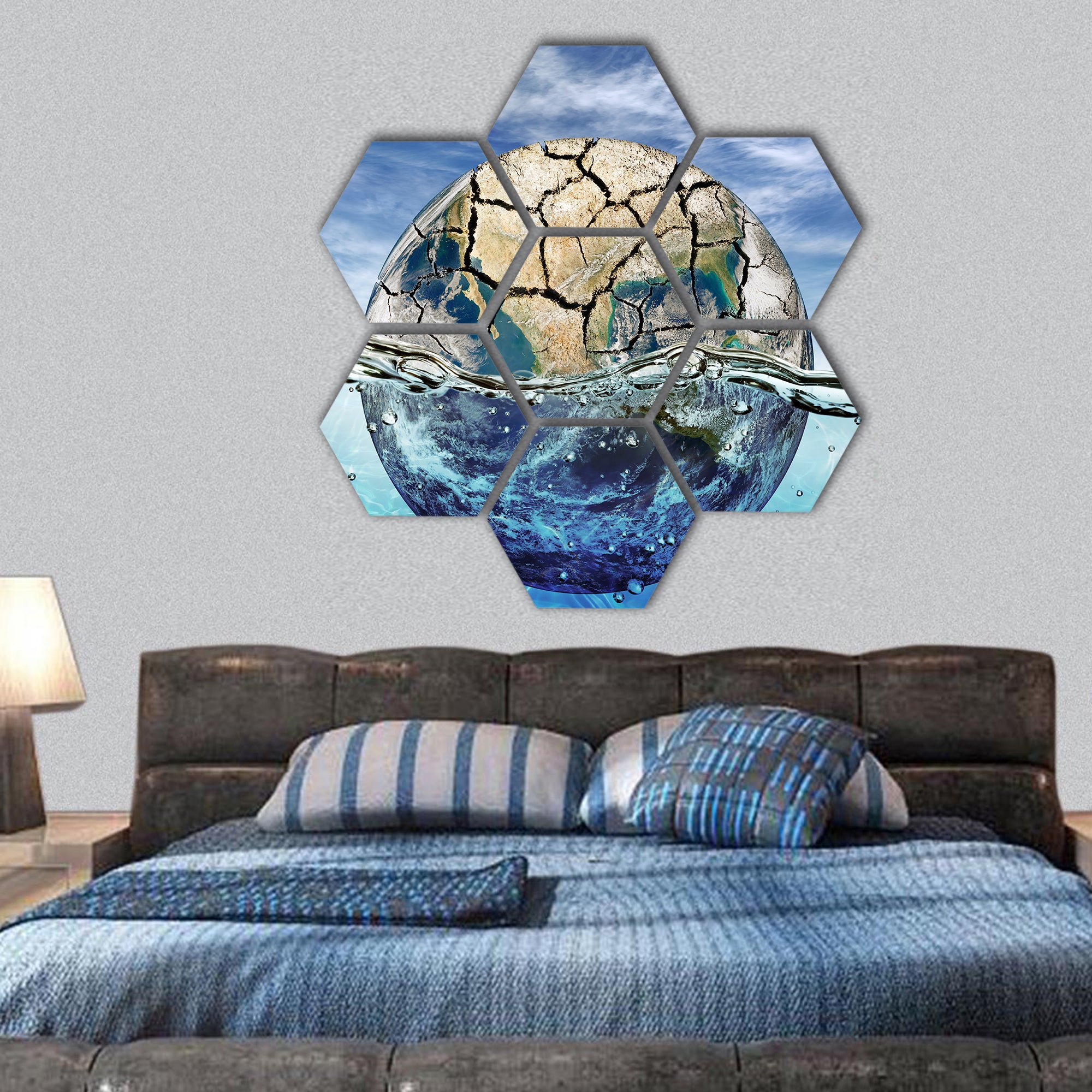 Dried up planet immersed in the waters hexagonal canvas wall art