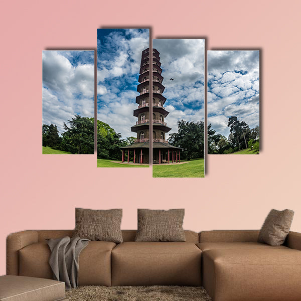 Timelapse view of the pagoda in Kew gardens, London with an airplane wall art
