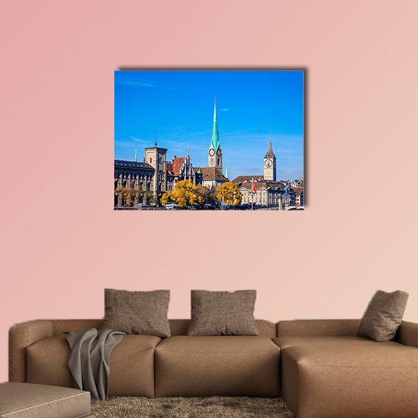 Panoramic view of historic Zurich city center multi panel canvas wall art