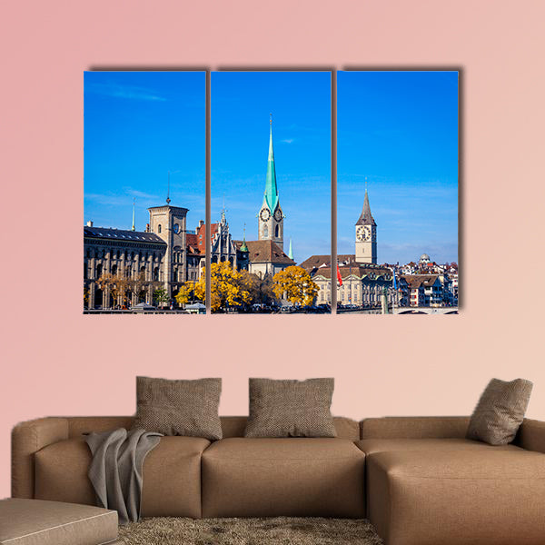Panoramic view of historic Zurich city center multi panel canvas wall art