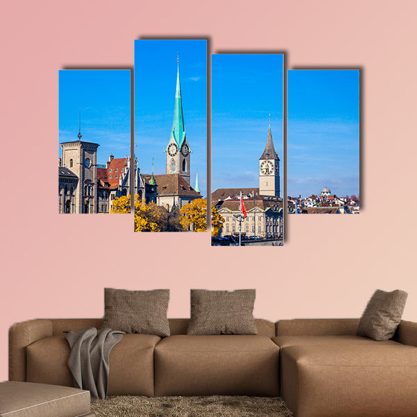 Panoramic view of historic Zurich city center multi panel canvas wall art