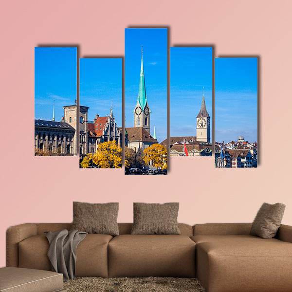 Panoramic view of historic Zurich city center multi panel canvas wall art