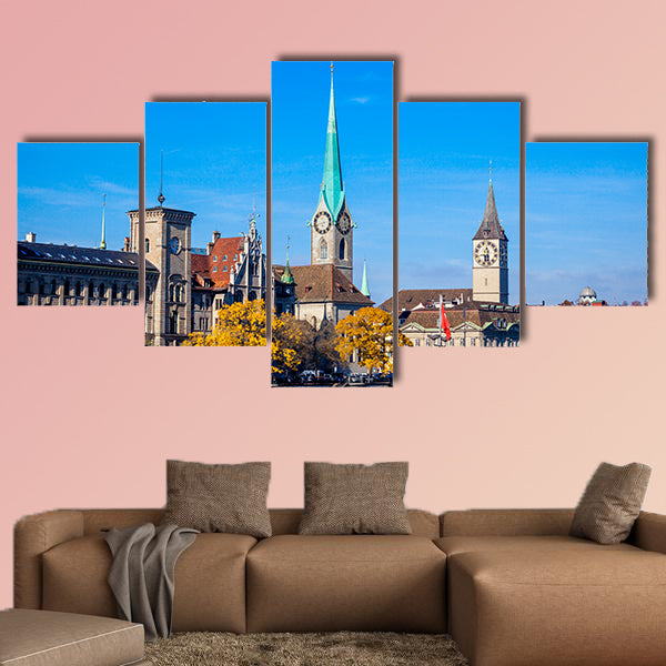 Panoramic view of historic Zurich city center multi panel canvas wall art