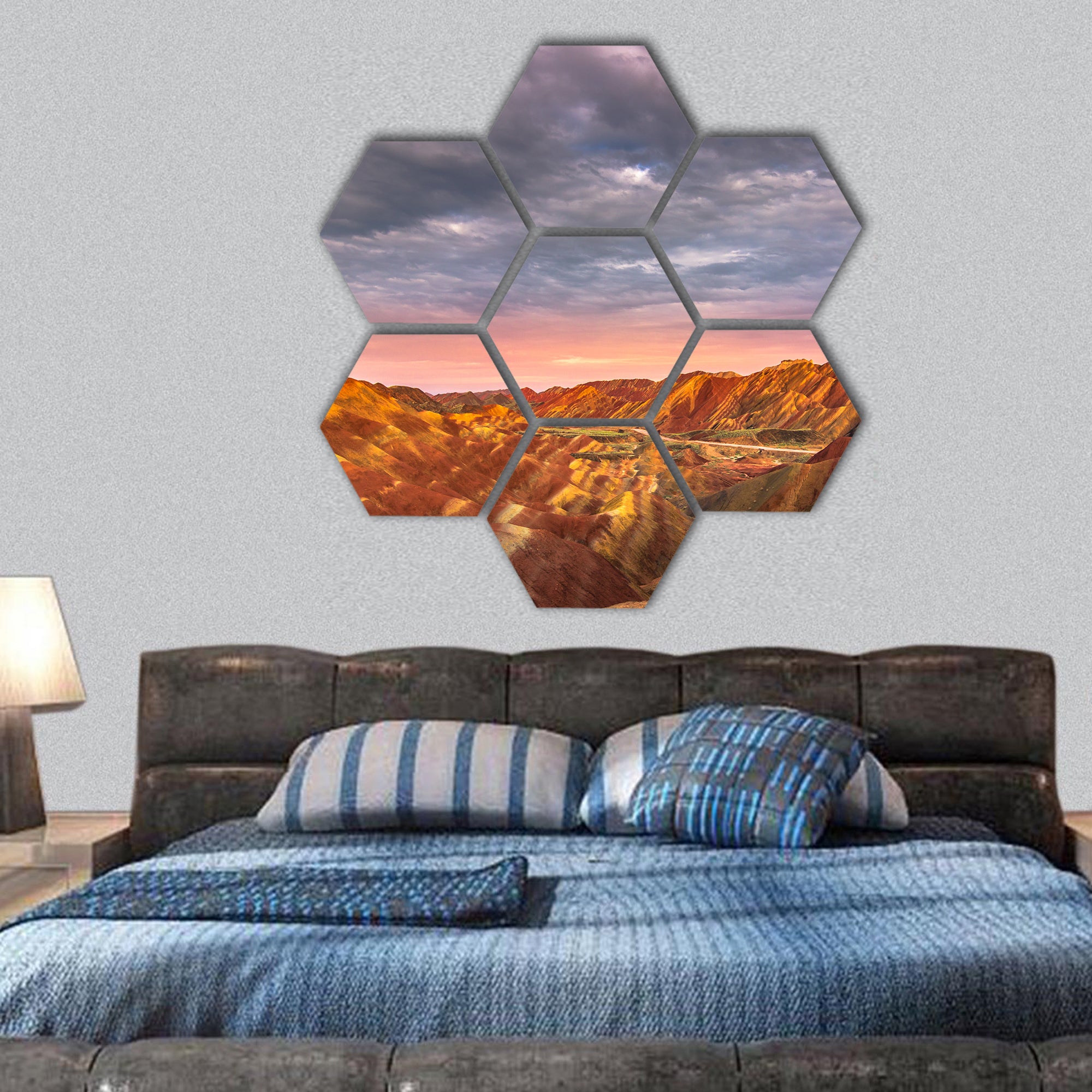 landscape of rainbow mountains at Zhangye Danxia Geopark hexagonal canvas wall art