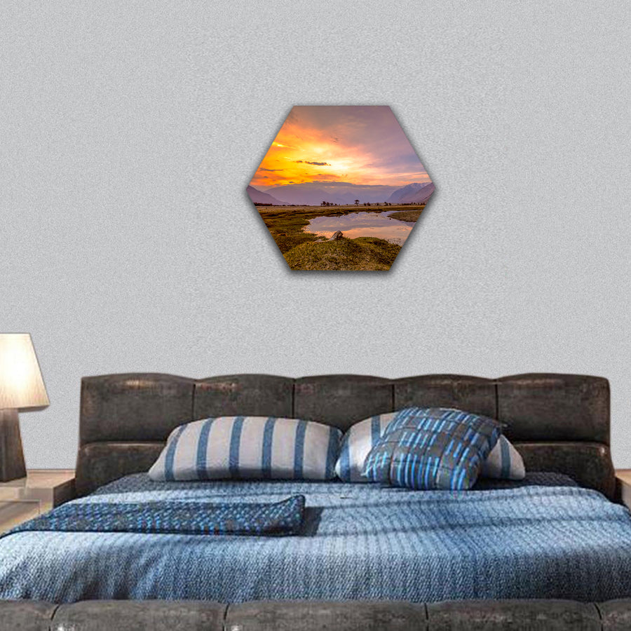 Sunrise at Nubra Valley, Leh Ladakh, India hexagonal canvas wall art